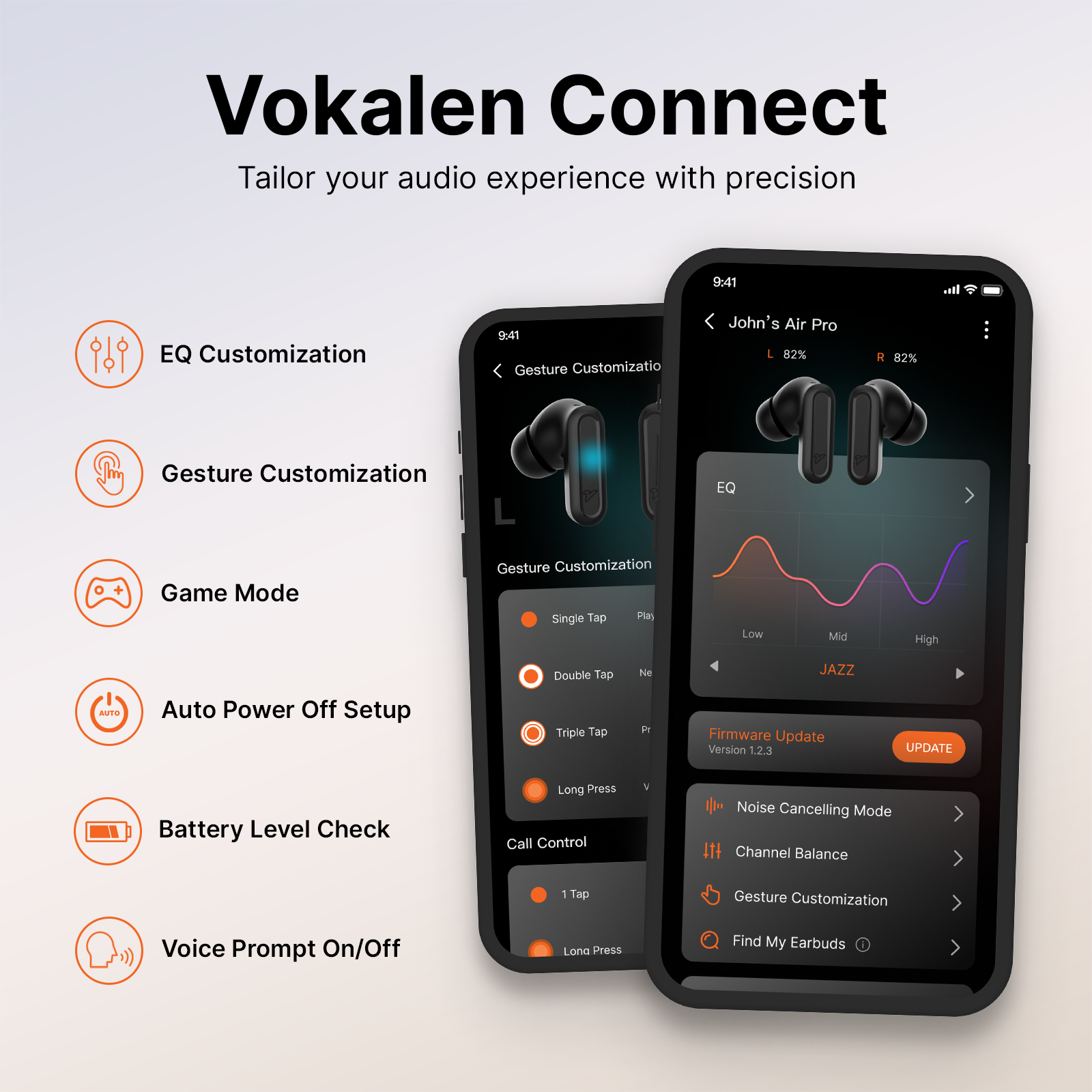 Air Pro wireless earbuds with smart app support for customizable sound settings and EQ adjustments.